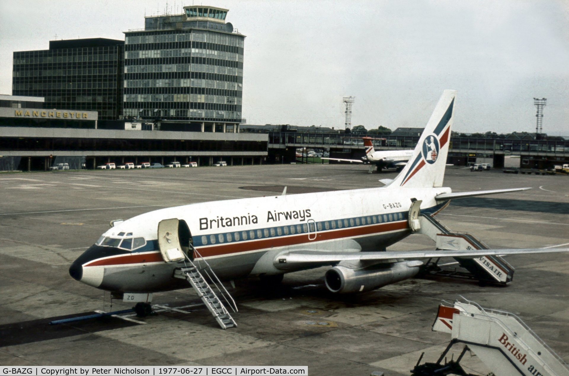 G-BAZG, 1974 Boeing 737-204 C/N 20806, Boeing 737 of Britannia Airways at Manchester in the Summer of 1977.