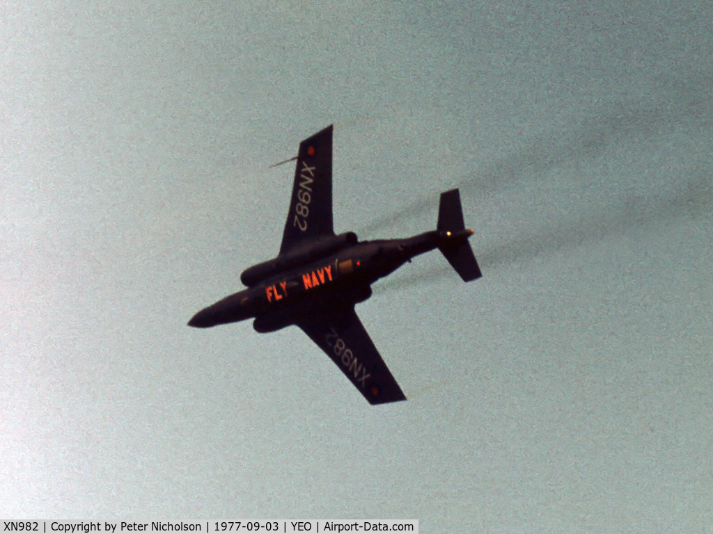 XN982, 1965 Hawker Siddeley Buccaneer S.2A C/N B3-09-63, Buccaneer S.2A of 809 Squadron with a message for spectators at the 1977 RNAS Yeovilton Air Day.