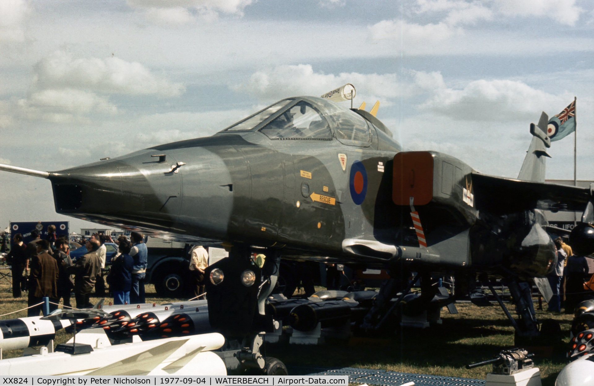 XX824, 1975 Sepecat Jaguar GR.1 C/N S.73, This is a replica aircraft used by the RAF Exhibition Flight for display & recruitment purposes and was seen at the 1977 RAF Waterbeach Open Day.