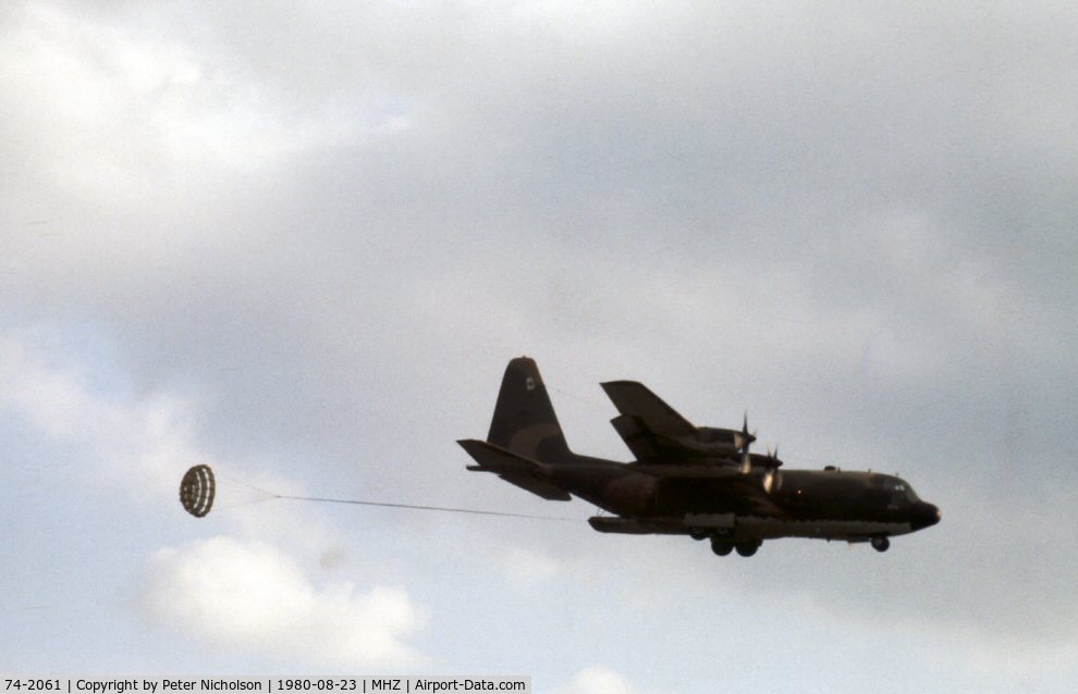74-2061, 1974 Lockheed C-130H Hercules C/N 382-4644, Tactical supply drop demonstration by this C-130H Hercules of 463 Tactical Air Wing at the 1980 RAF Mildenhall Air Fete.