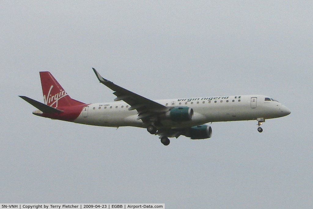 5N-VNH, 2008 Embraer 190AR (ERJ-190-100IGW) C/N 19000210, An unusual move at Birmingham UK - Virgin Nigeria Emb 195 arriving for repair attention following a bird strike in Nigeria