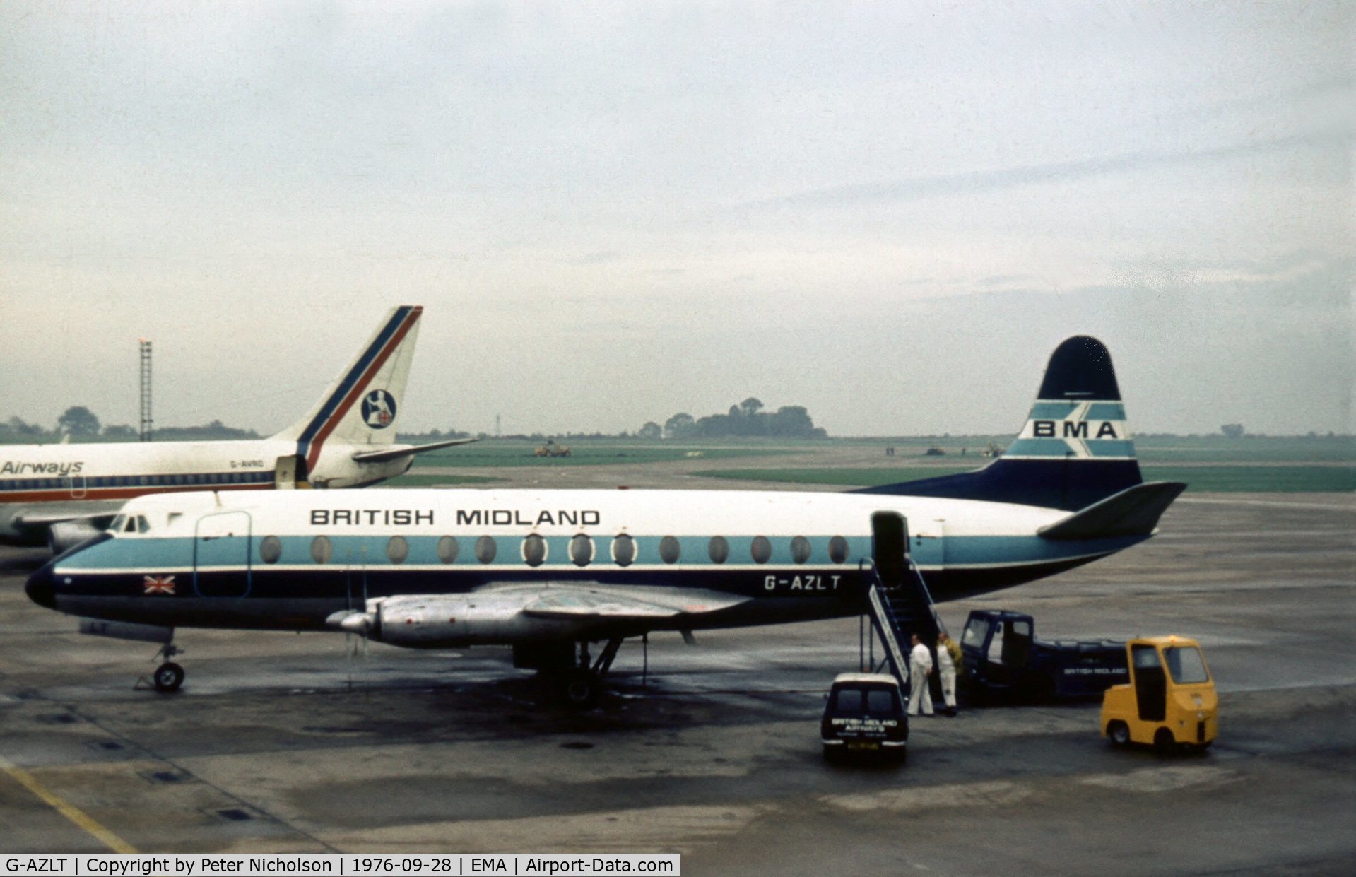 G-AZLT, 1958 Vickers Viscount 813 C/N 349, Viscount 813 of British Midland Airways at East Midlands Airport in the Summer of 1976.