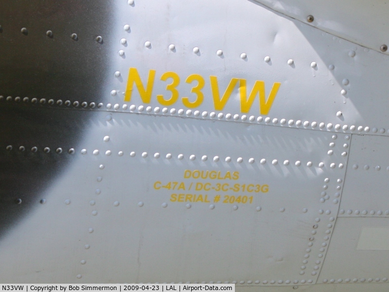 N33VW, 1943 Douglas DC3C-S1C3G (C-47A) C/N 20401, Tail detail.  Sun N Fun 2009 - Lakeland, Florida