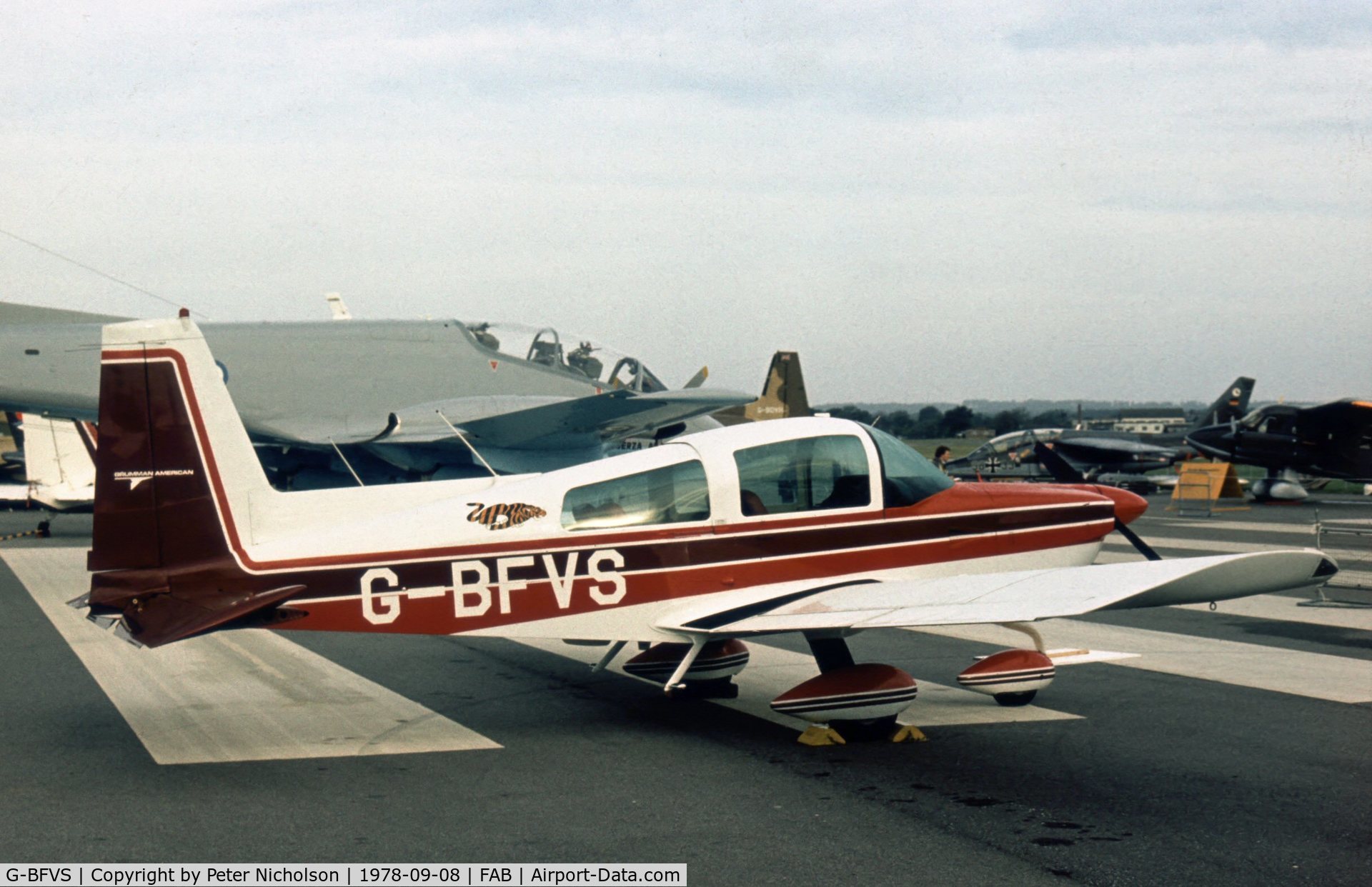 G-BFVS, 1978 Grumman American AA-5B Tiger C/N AA5B-0784, AA-5B on display at the 1978 Farnborough Airshow.