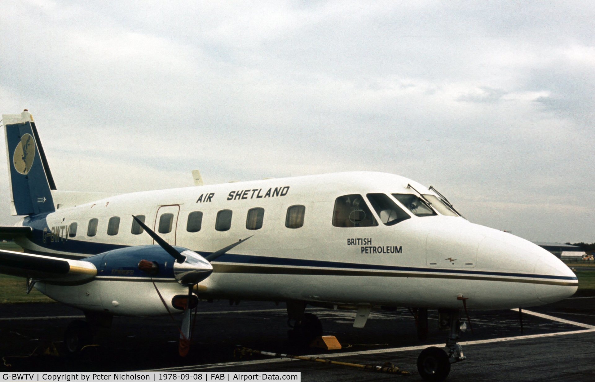 G-BWTV, 1977 Embraer EMB-110P2 Bandeirante C/N 110153, EMB-110 Bandeirante on display at the 1978 Farnborough Airshow.