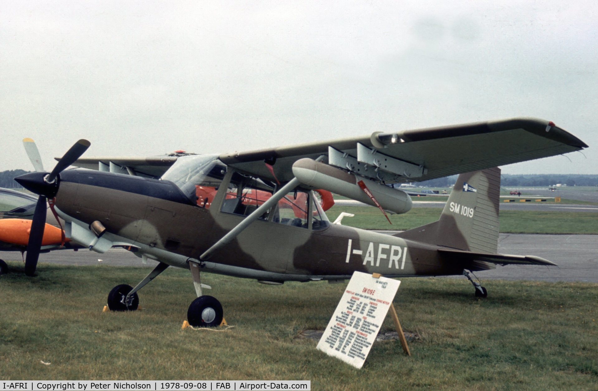 I-AFRI, 1977 SIAI-Marchetti SM-1019B C/N 065 / 02-002, SM.1019B on display at the 1978 Farnborough Airshow.