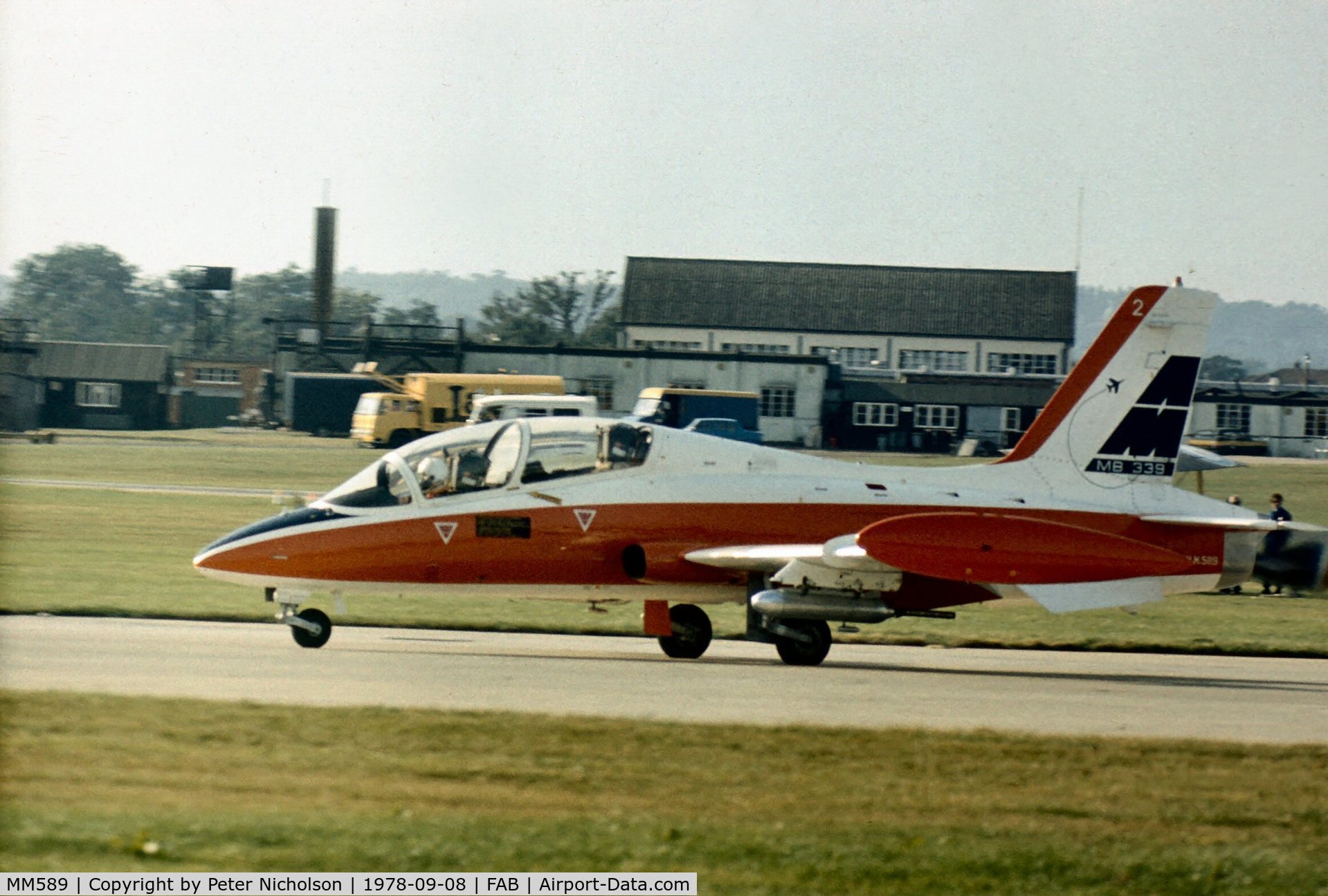 MM589, 1977 Aermacchi MB-339X C/N 6574/002, MB.339A with Italian Air Force serial MM589 on display at the 1978 Farnborough Airshow.