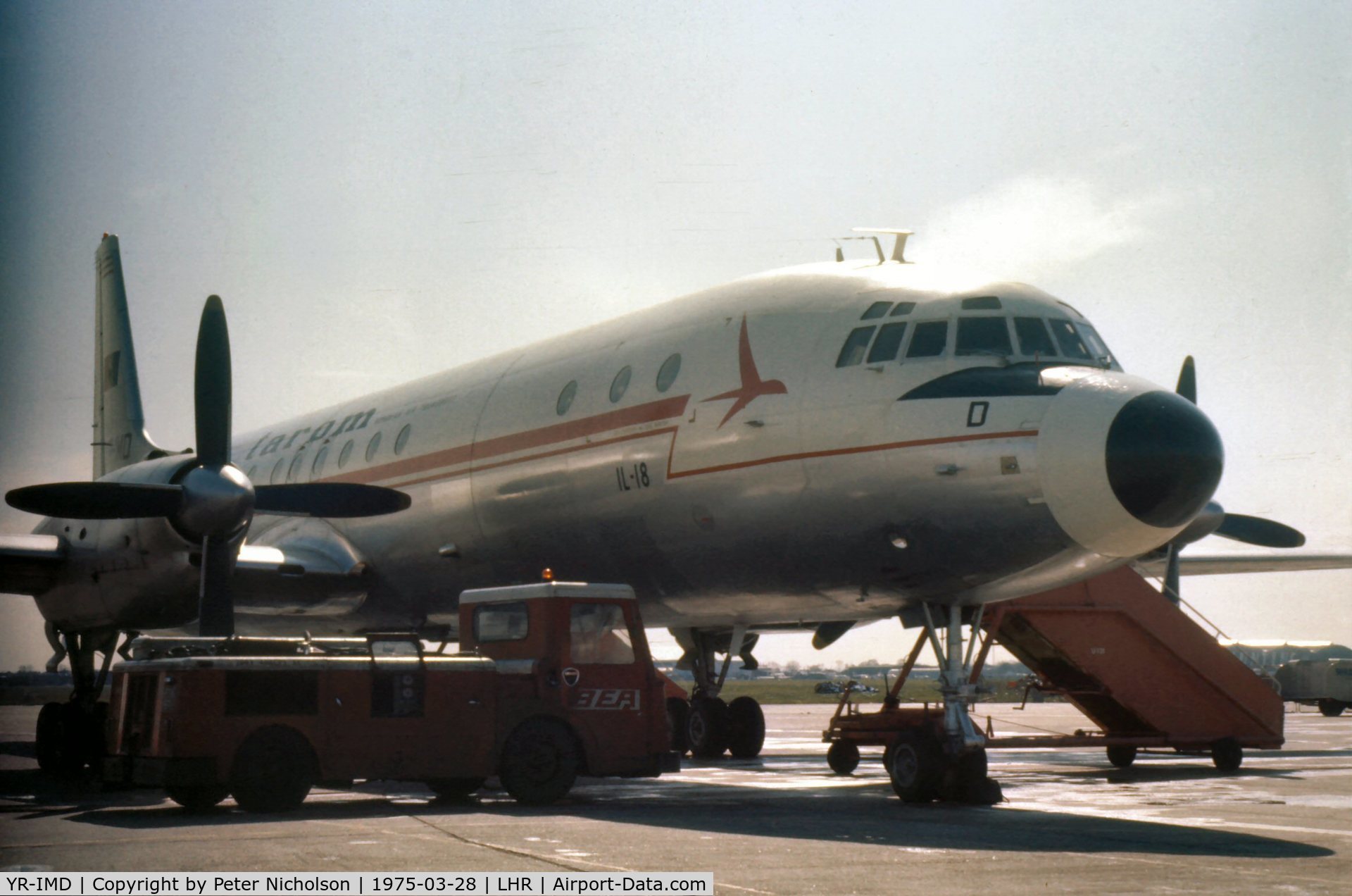 YR-IMD, 1962 Ilyushin IL-18V C/N 182004804, Ilyushin Il-18 of Tarom at Heathrow in the Spring of 1975.
