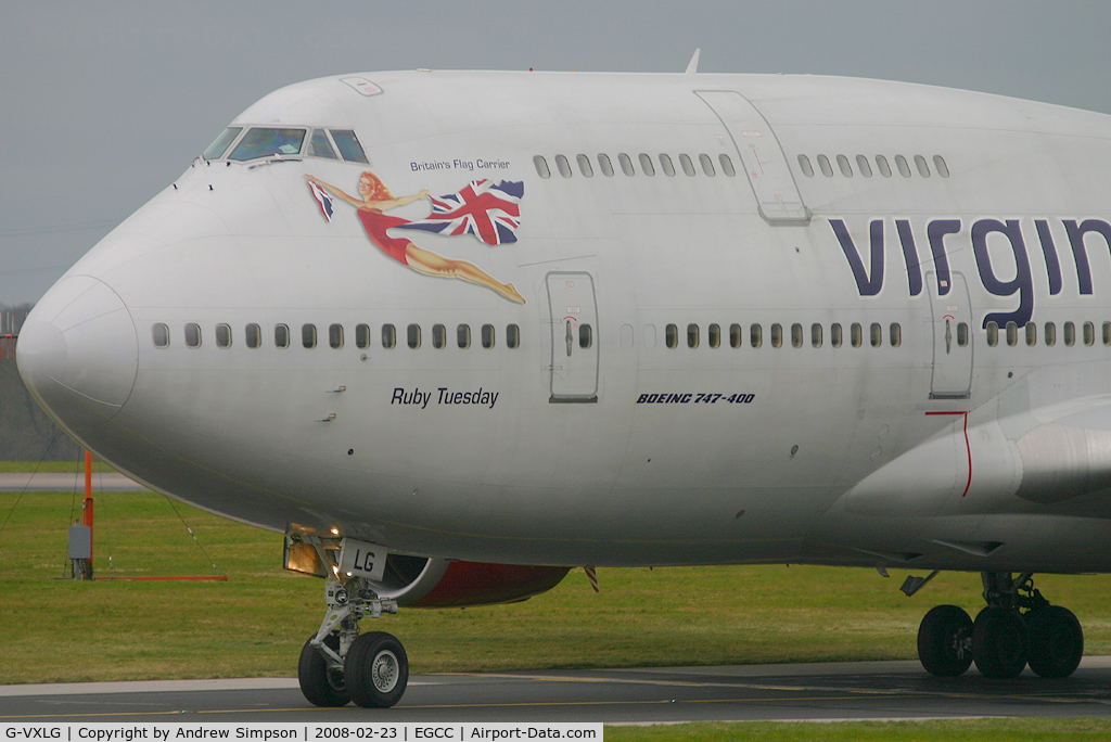 G-VXLG, 1998 Boeing 747-41R C/N 29406, Taxiiing to stand at Manchester.