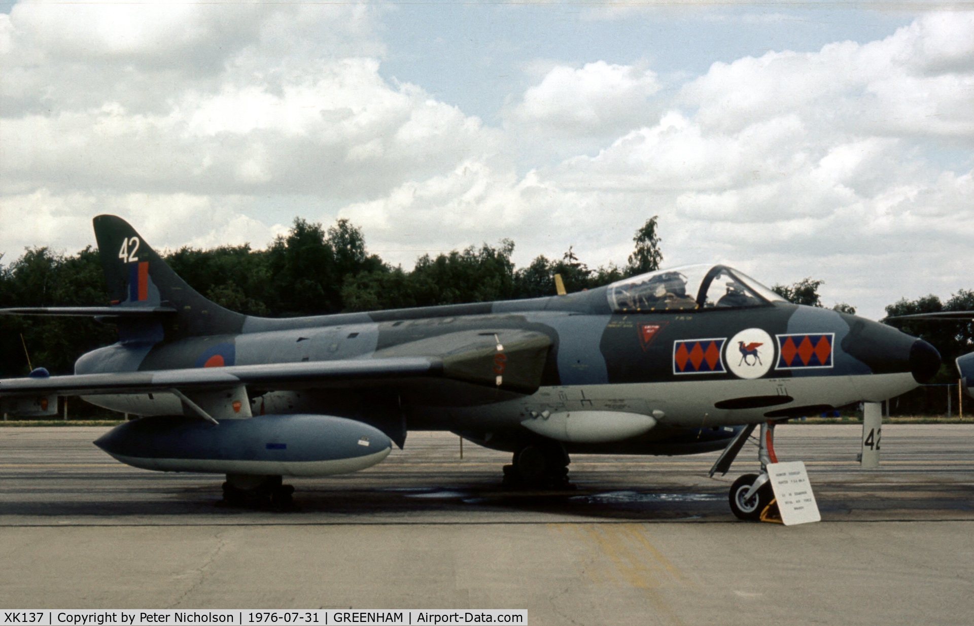 XK137, 1957 Hawker Hunter FGA.9 C/N 41H/688139, Hunter FGA.9 of 45 Squadron at the 1976 Intnl Air Tattoo at RAF Greenham Common.