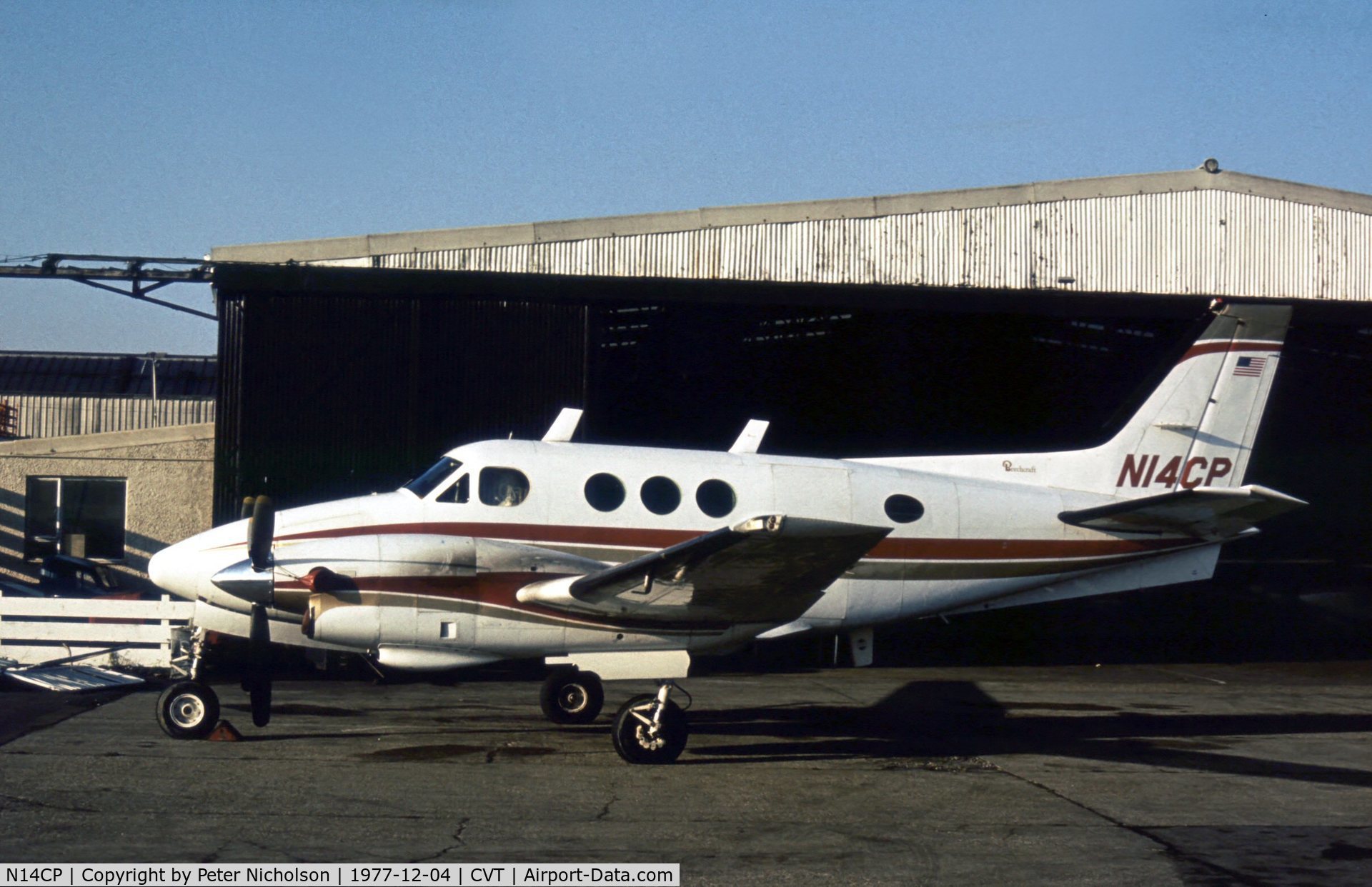 N14CP, 1973 Beech C90 King Air C/N LJ-585, This King Air was operated by Scholl Inc in the mid-seventies based at Luton and was seen at Coventry in December 1977.