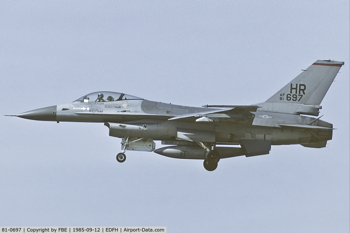 81-0697, General Dynamics F-16A Fighting Falcon C/N 61-378, 50th TFW F-16A on final at Hahn AB