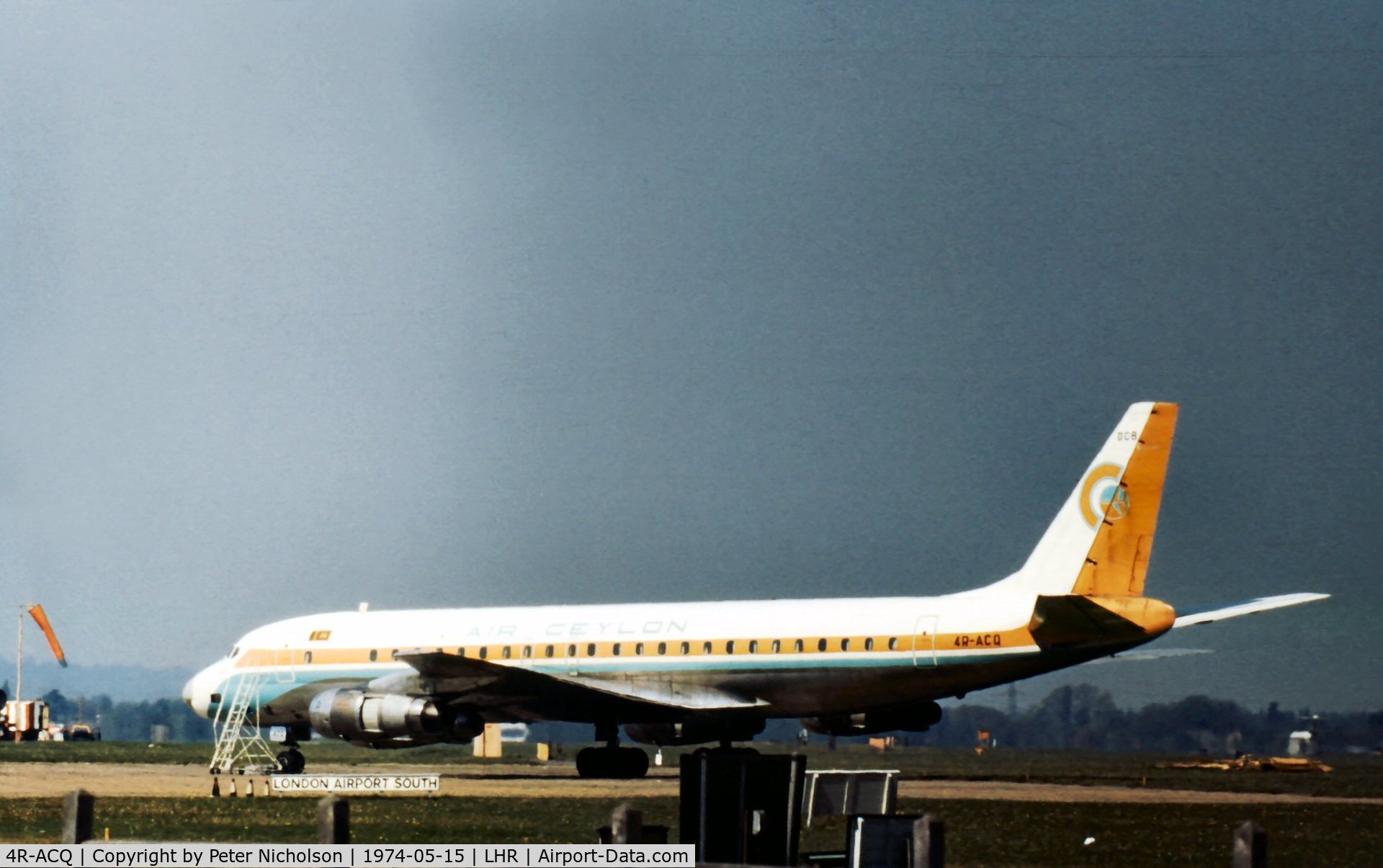 4R-ACQ, 1960 Douglas DC-8-53 C/N 45604, DC-8-53 of Air Ceylon at Heathrow in the Spring of 1974.