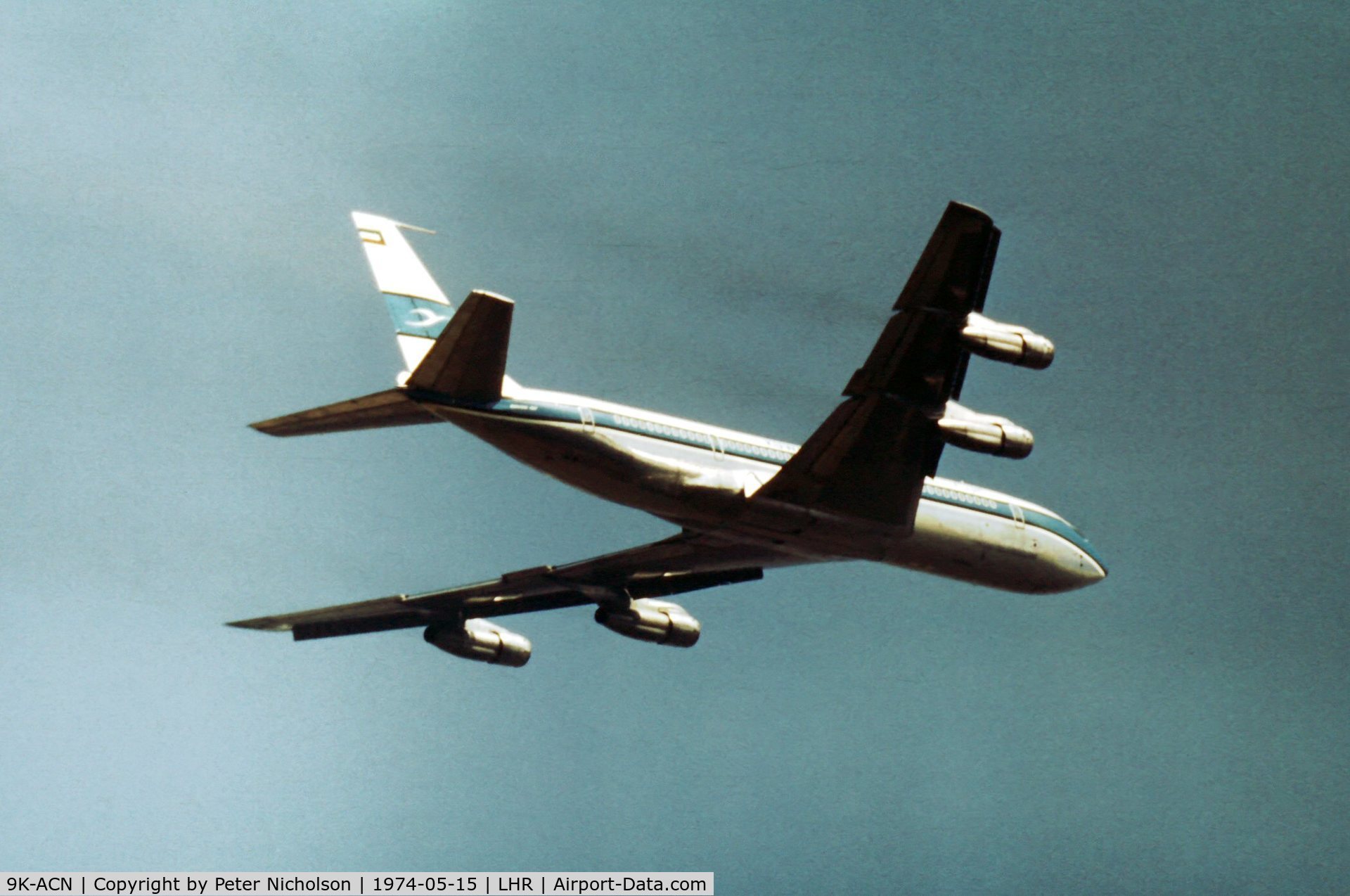 9K-ACN, 1972 Boeing 707-369C C/N 20547, Kuwait Airways Boeing 707 departing Heathrow in the Spring of 1974.