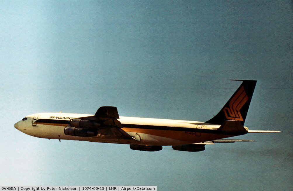 9V-BBA, 1968 Boeing 707-312B C/N 19737, Boeing 707-312B of Singapore Airlines departing Heathrow in the Spring of 1974.