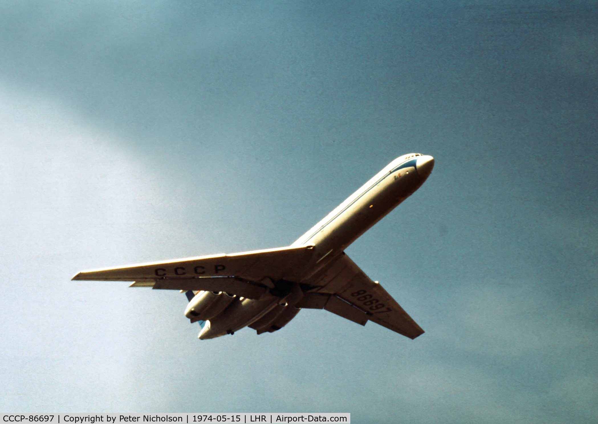 CCCP-86697, 1972 Ilyushin Il-62 C/N 21301, Ilyushin Il-62 Classic of Aeroflot climbing out of Heathrow in the Spring of 1974.