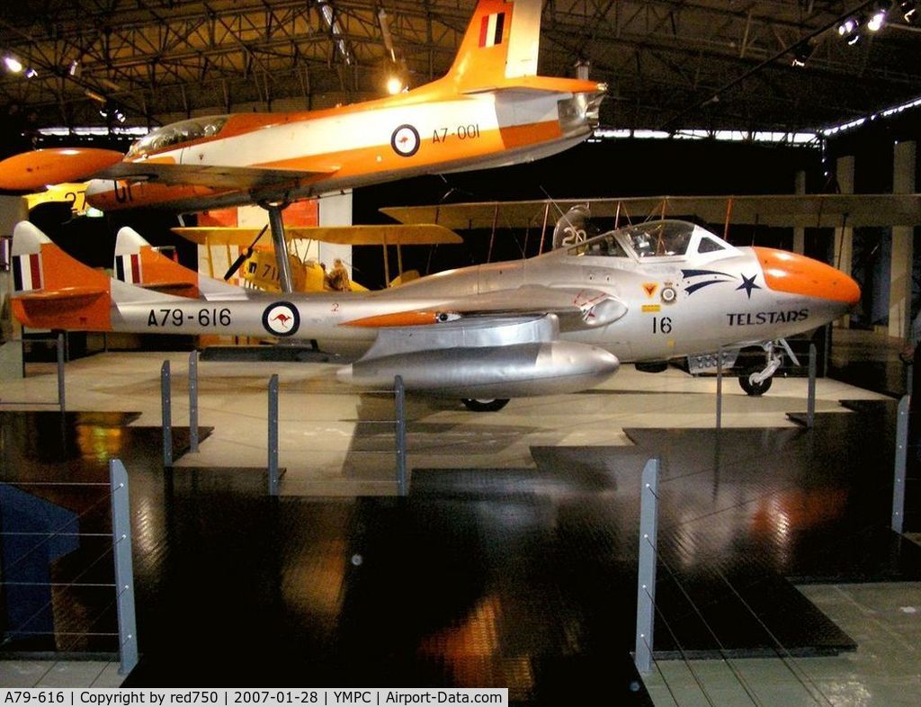 A79-616, 1958 De Havilland Australia DH-115 Vampire T.35 C/N DHA4138, De Havilland Vampire in the RAAF Museum Point Cook. Painted in the colours of the Telstars formation team.