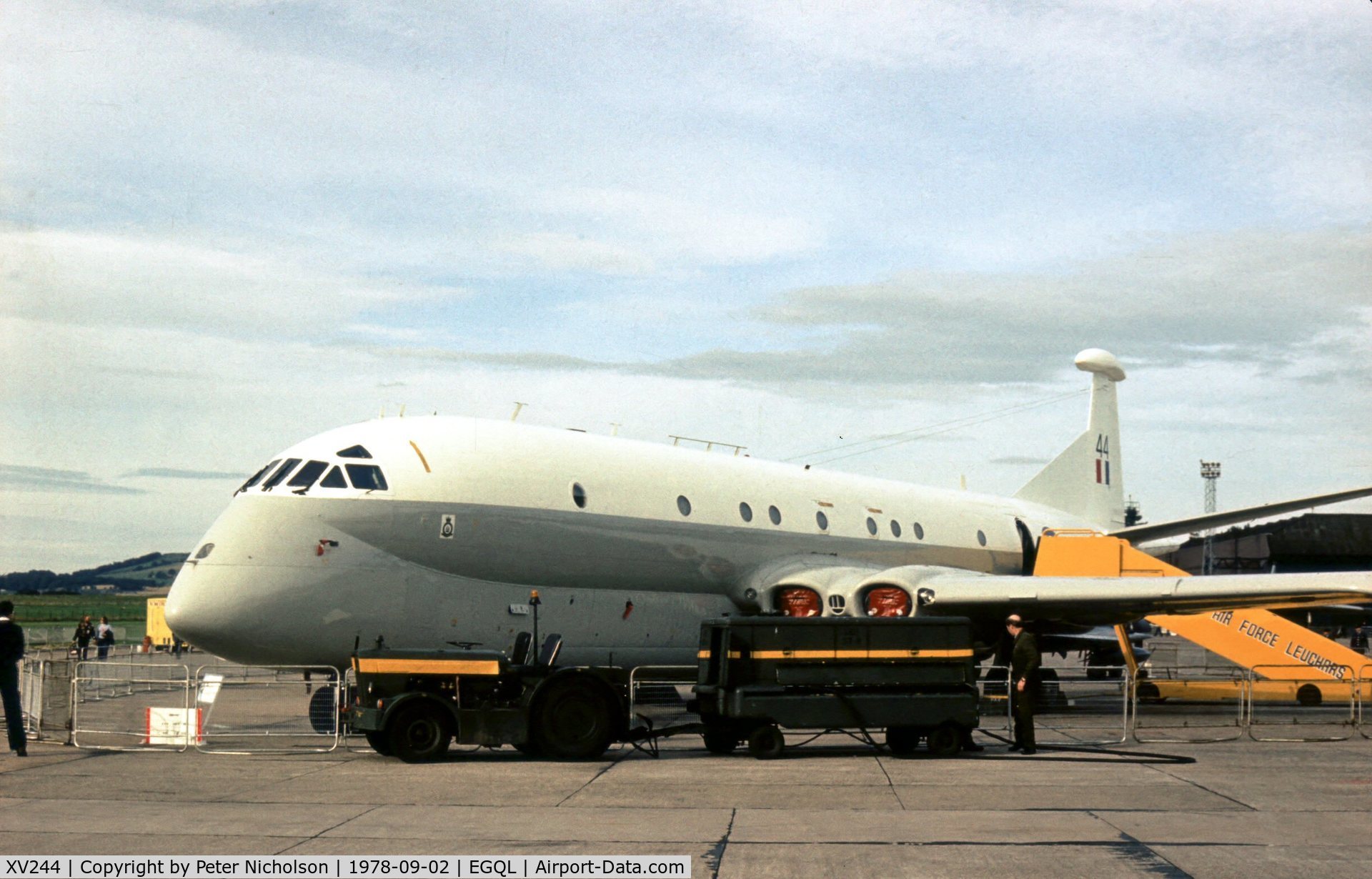XV244, Hawker Siddeley Nimrod MR.1 C/N 8019, St. Mawgan Maritime Wing Nimrod MR.1 on display at the 1978 Leuchars Airshow.