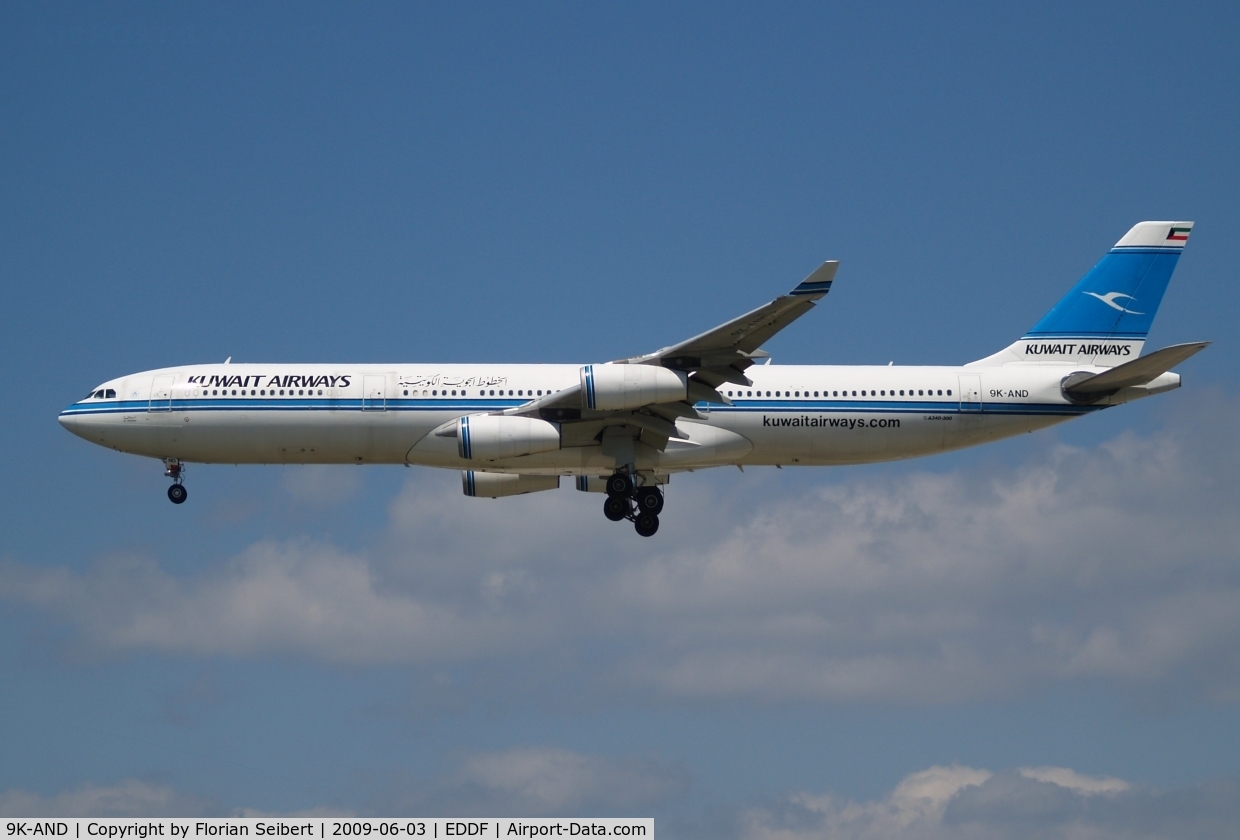 9K-AND, 1995 Airbus A340-313 C/N 104, Short final rwy 25L