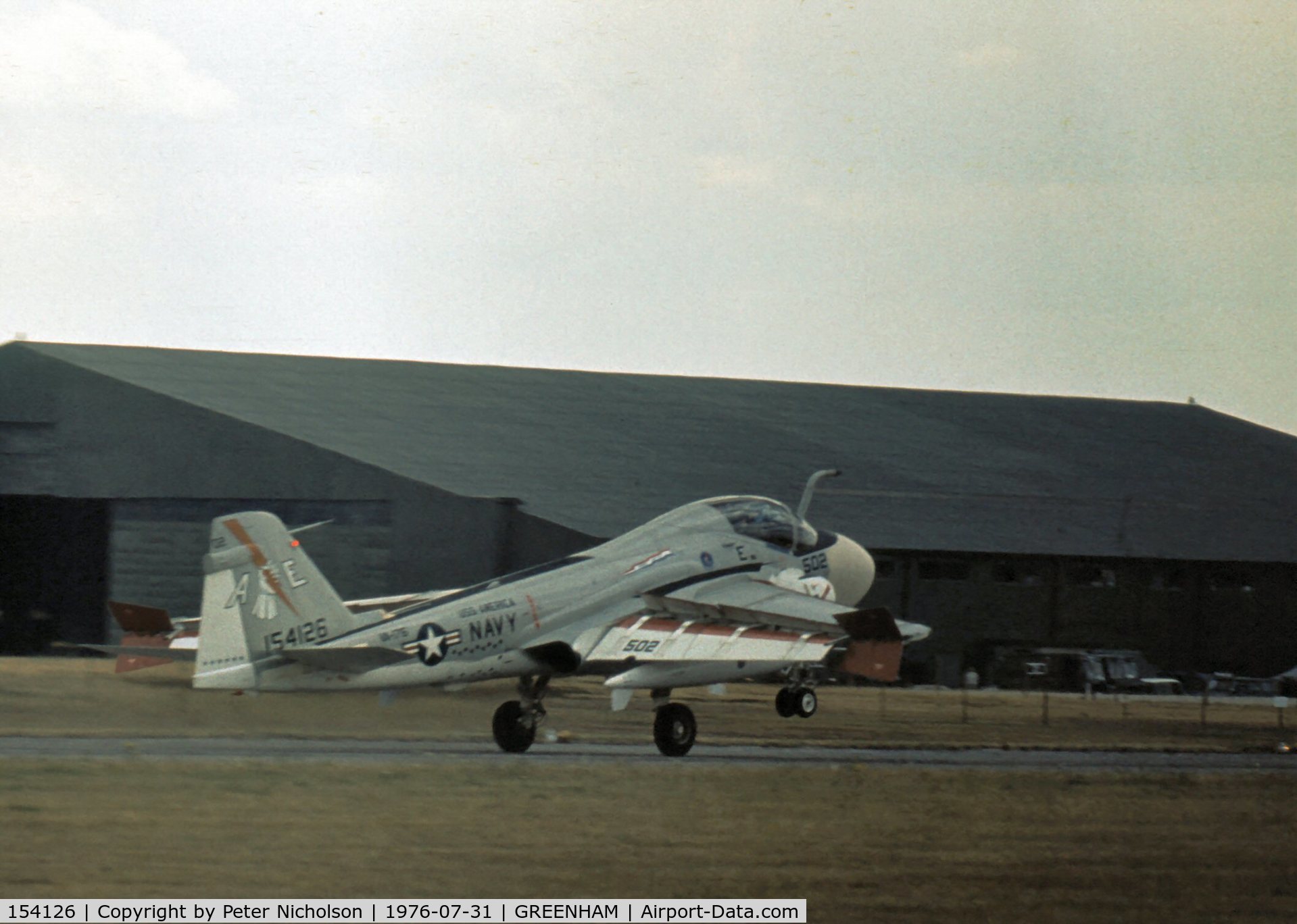 154126, Grumman A-6E Intruder C/N I-261, A-6E Intruder of VA-176 aboard USS America landing after display at the 1976 Intnl Air Tattoo at RAF Greenham Common.