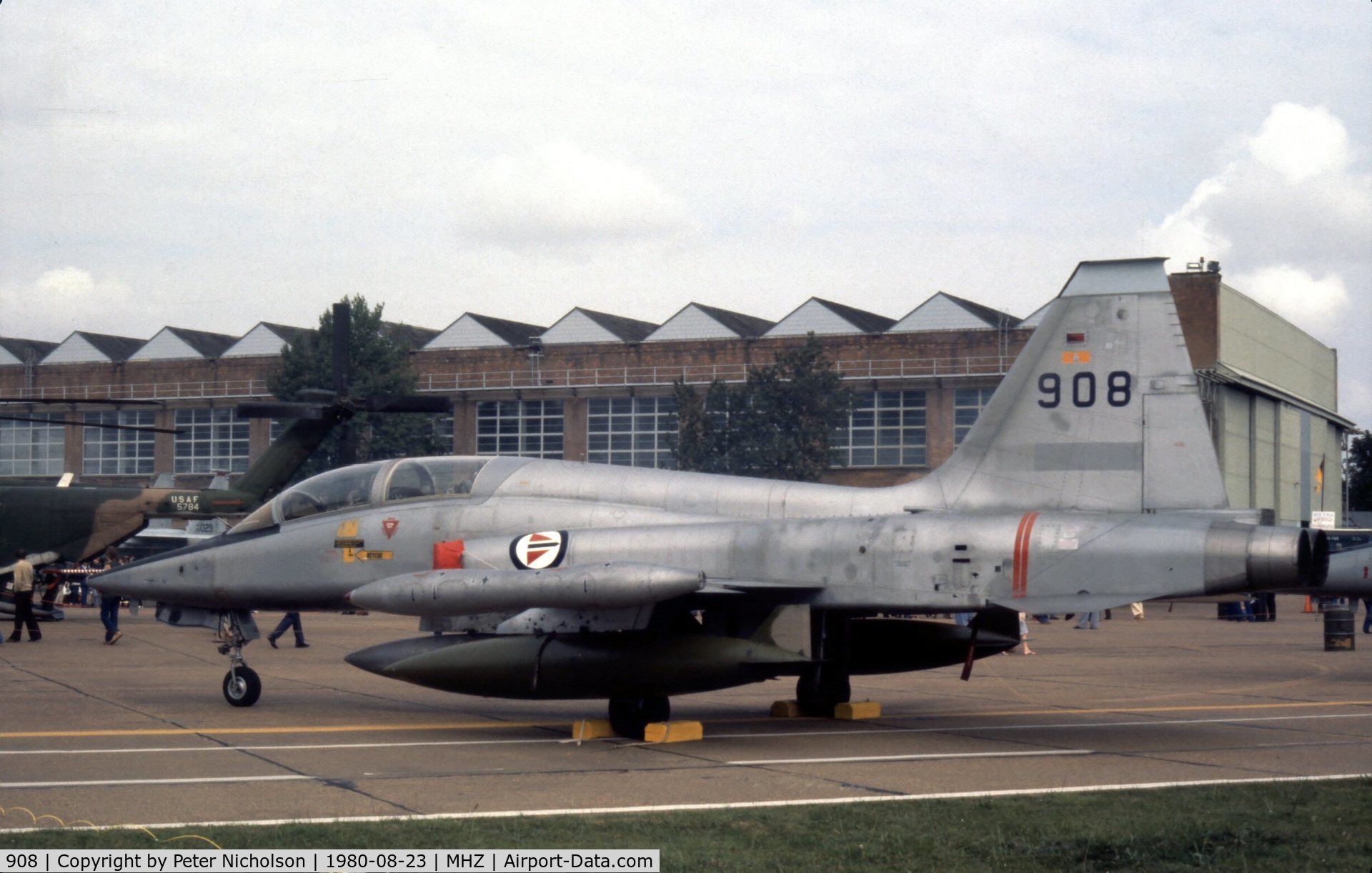 908, 1967 Northrop F-5B Freedom Fighter C/N N.9011, F-5B as 908 of 313 Skv Royal Norwegian Air Force in the static park at the 1980 Mildenhall Air Fete.