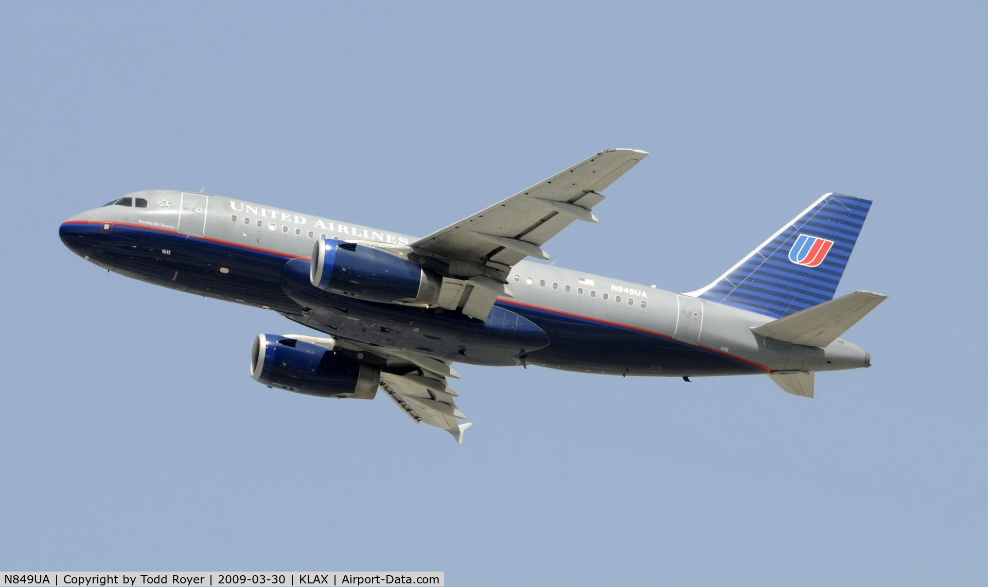 N849UA, 2002 Airbus A319-131 C/N 1649, Departing LAX on 25R
