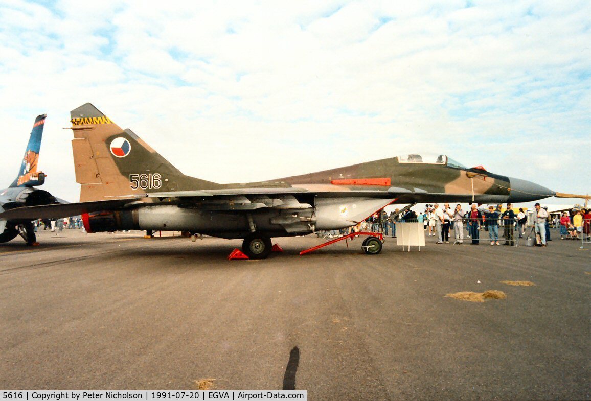 5616, Mikoyan-Gurevich MiG-29A C/N 2960532356, Fulcrum A of 11 Fighter Regiment of the Czech Air Force on display at the 1991 Intnl Air Tattoo at RAF Fairford.