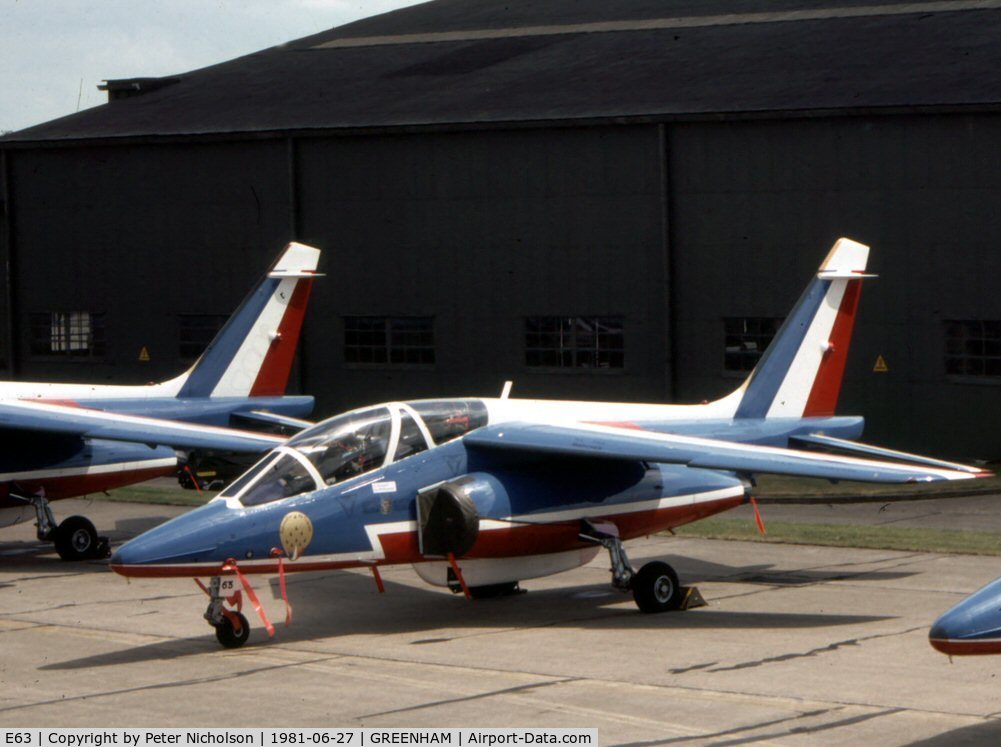 E63, Dassault-Dornier Alpha Jet E C/N E63, Alpha Jet E of the Patrouille de France aerobatic display team at the 1981 Intnl Air Tattoo at RAF Greenham Common.