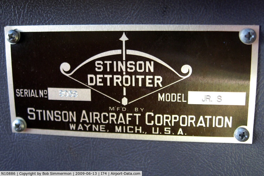 N10886, 1931 Stinson JR. S C/N 8058, Data plate in the cabin.  At the Urbana, Ohio breakfast fly-in.
