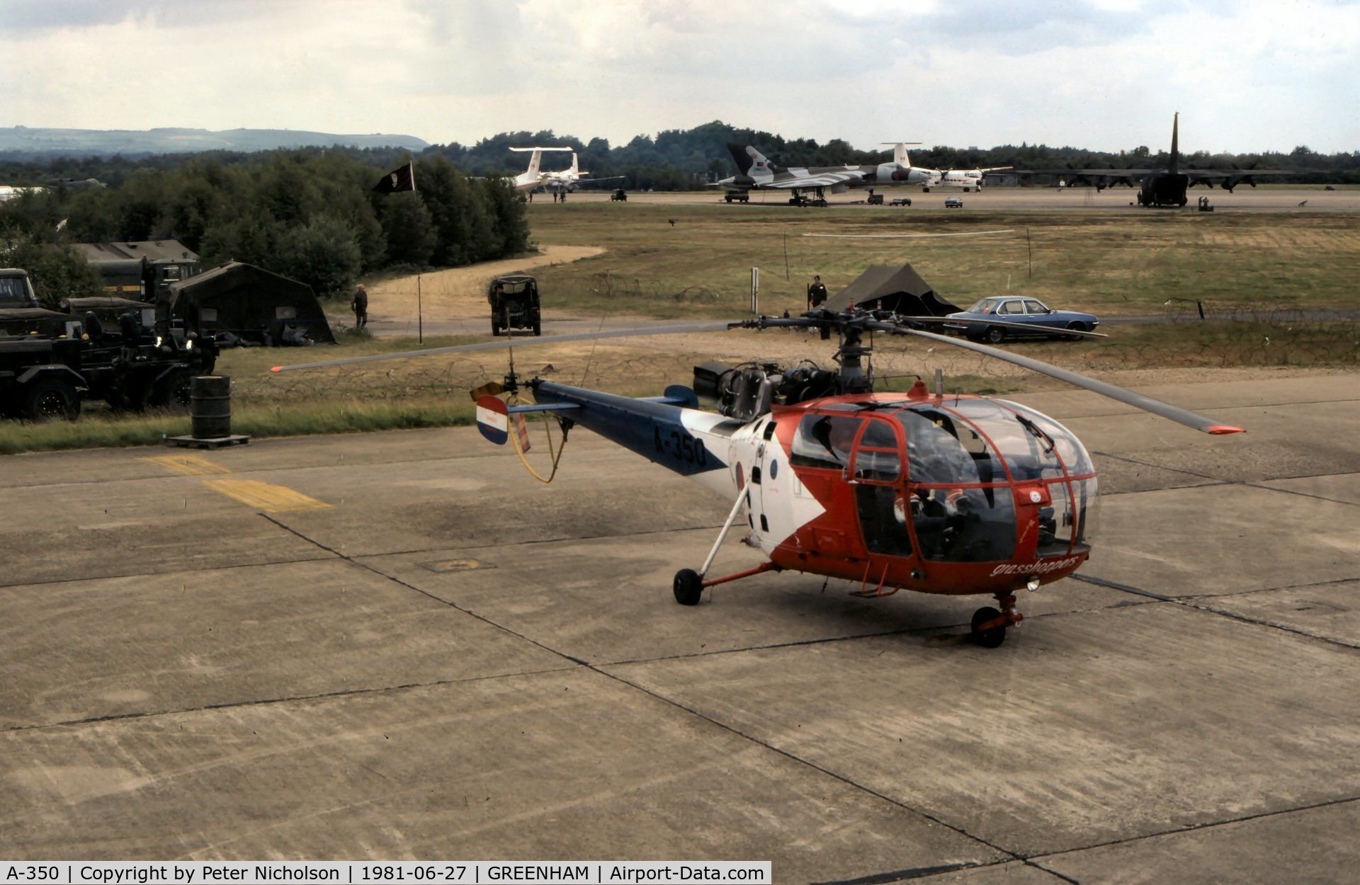 A-350, Sud SE-3160 Alouette III C/N 1350, Alouette III A-350 of the Royal Netherlands Air Force's Grasshoppers aerial display team at the 1981 Intnl Air Tattoo at RAF Greenham Common.