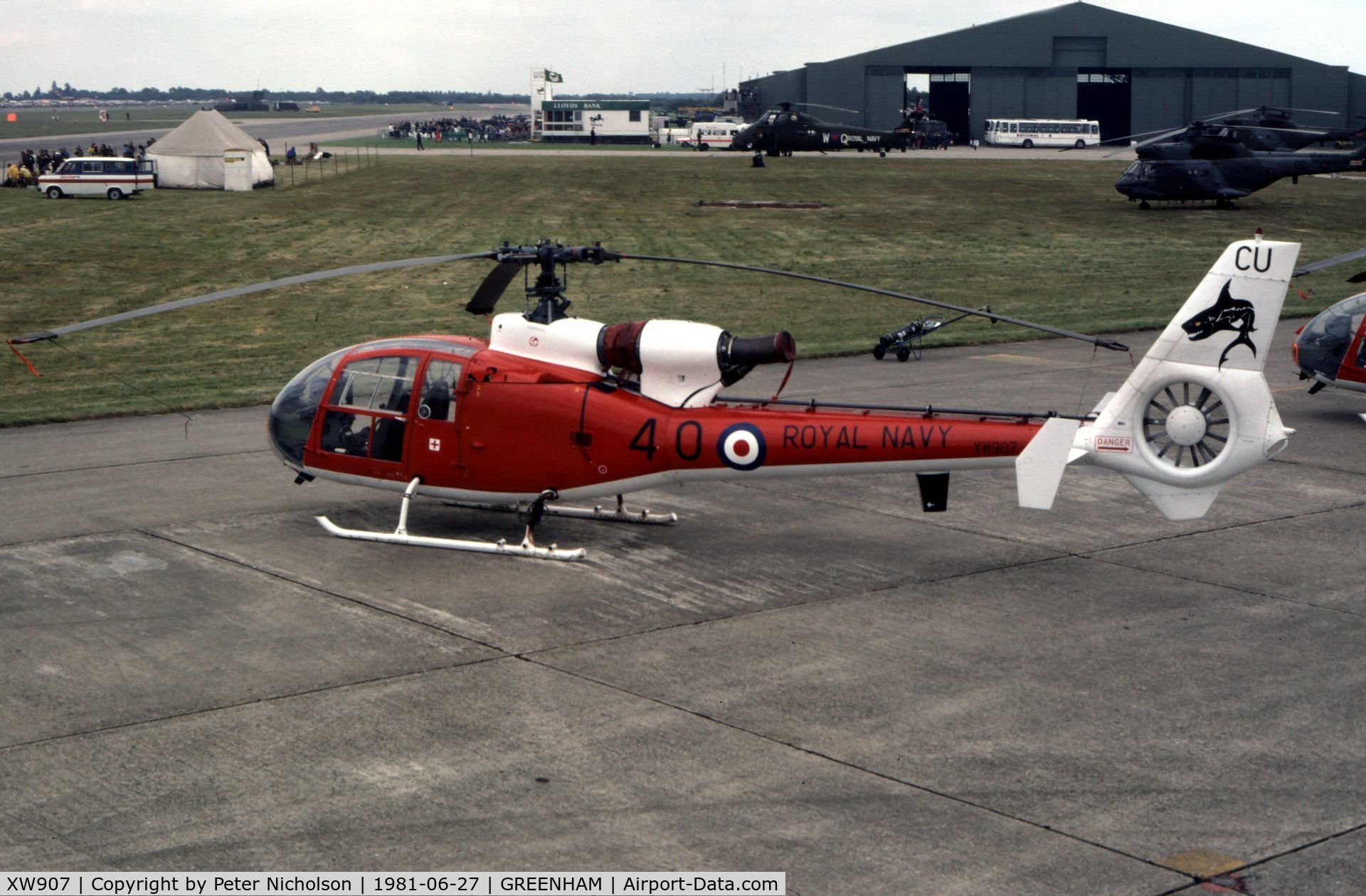 XW907, 1974 Westland SA-341C Gazelle HT2 C/N 1216, Gazelle HT.2 of The Sharks aerial display team of 705 Squadron at the 1981 Intnl Air Tattoo at RAF Greenham Common.