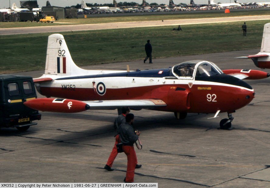 XM352, 1959 Hunting P-84 Jet Provost T.3A C/N PAC/W/6309, Jet Provost T.3A of 7 Flying Training School on display at the 1981 Intnl Air Tattoo at RAF Greenham Common.