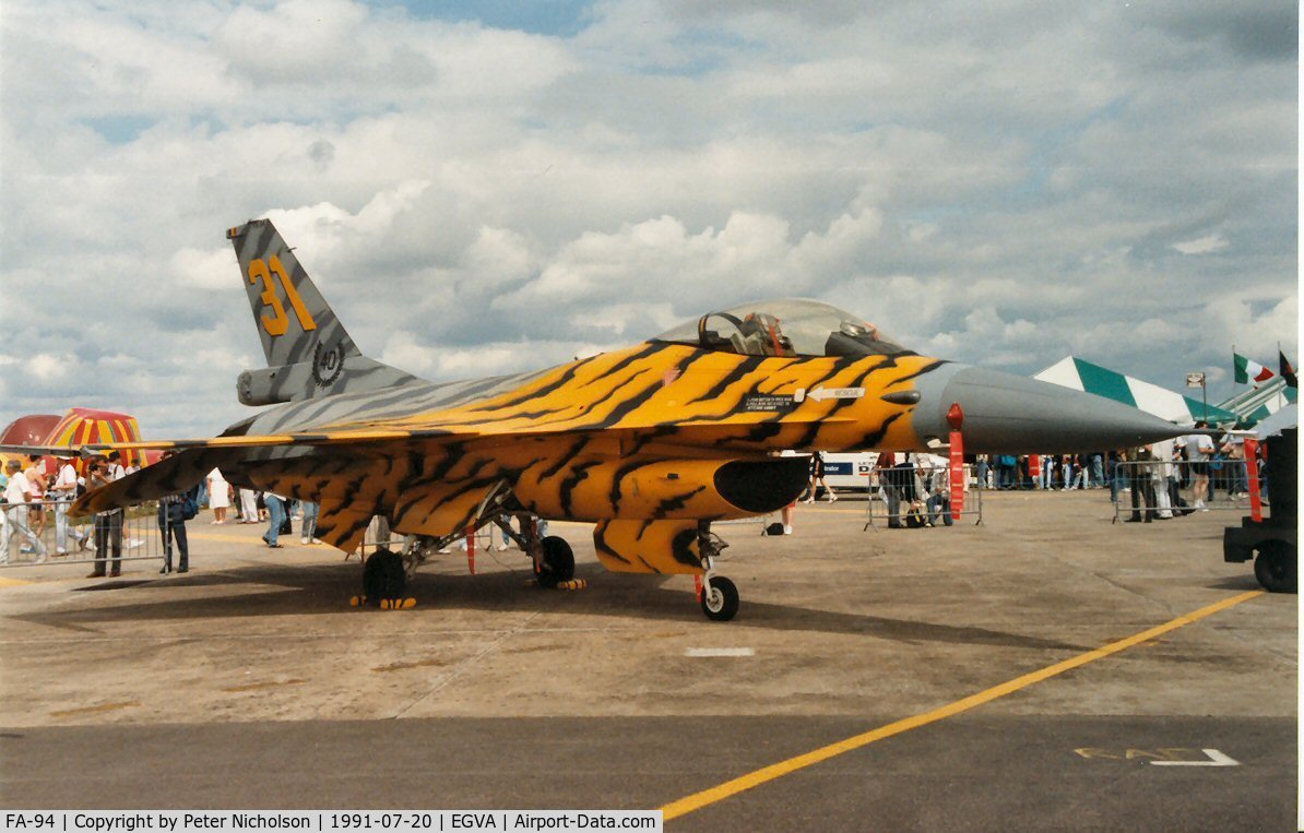 FA-94, SABCA F-16AM Fighting Falcon C/N 6H-94, F-16A Falcon of 31 Squadron Belgian Air Force at the Tiger Meet of the 1991 Intnl Air Tattoo at RAF Fairford.