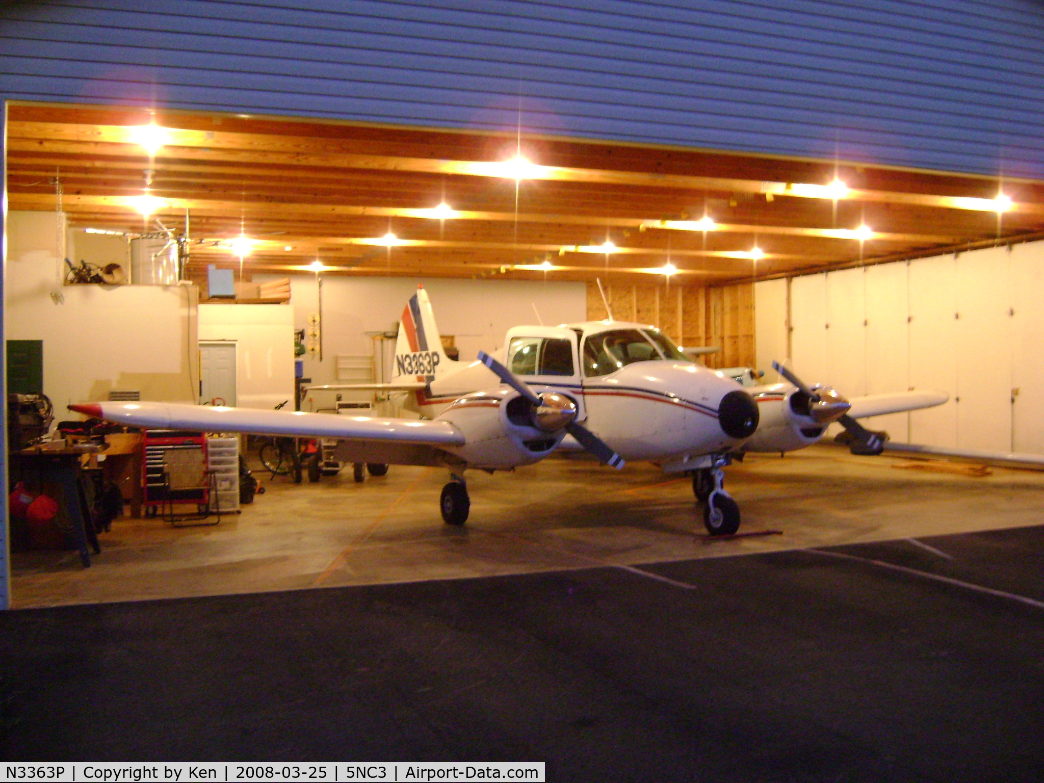 N3363P, 1958 Piper PA-23-160 Apache C/N 23-1320, Parked in Hangar-Night