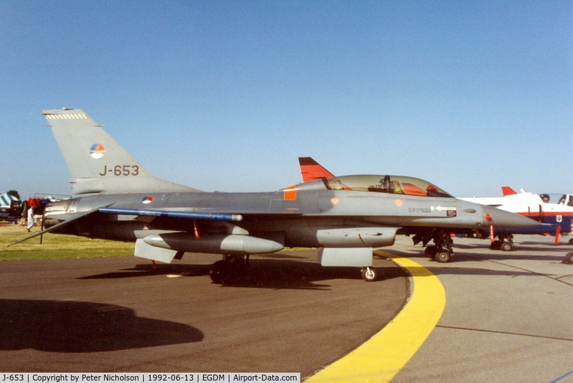 J-653, Fokker F-16B Fighting Falcon C/N 6E-18, F-16B Falcon of the Royal Netherlands Air Force's Test Group at the 1992 Air Tournament Intnl at Boscombe Down.