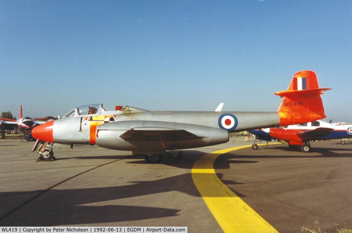 WL419, 1952 Gloster Meteor T.7(Mod) C/N G5/423772, Meteor T.7 of Martin Baker Aircraft on display at the 1992 Air Tattoo Intnl at Boscombe Down.
