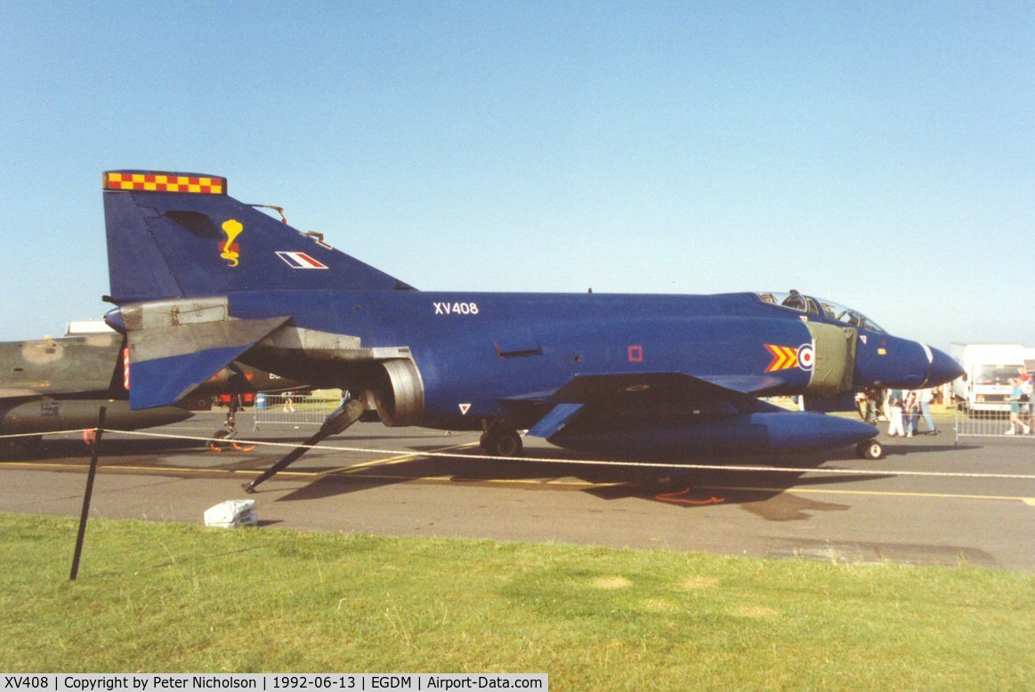 XV408, 1968 McDonnell Douglas Phantom FGR2 C/N 2946, Phantom FGR.2 of 56 Squadron, but still wearing 92 Squadron's colour scheme, at the 1992 Air Tattoo Intnl at Boscombe Down.