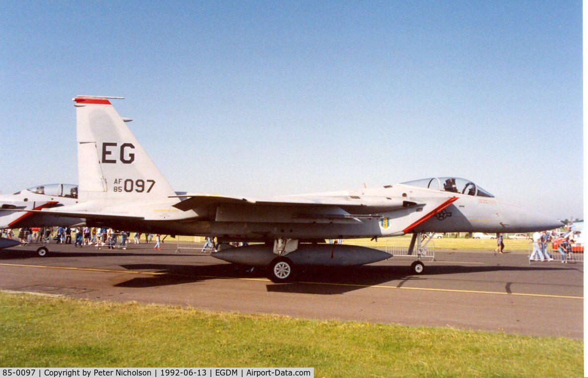 85-0097, 1985 McDonnell Douglas F-15C Eagle C/N 0949/C339, F-15C Eagle, callsign Photon 44, of 60th Fighter Squadron/33rd Fighter Wing at the 1992 Air Tattoo Intnl at Boscombe Down.