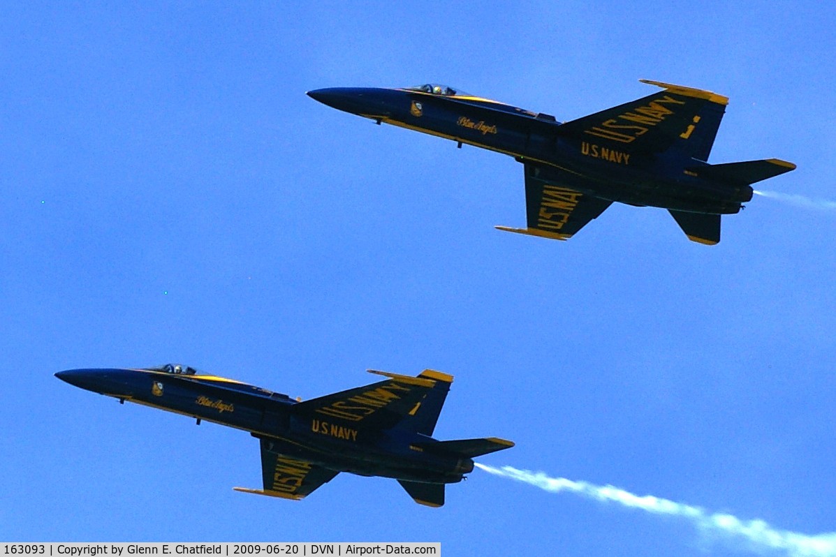 163093, McDonnell Douglas F/A-18A Hornet C/N 0475/A391, Blue Angels at the Quad Cities Air Show, and I'm shooting into the sun. On left is 162826