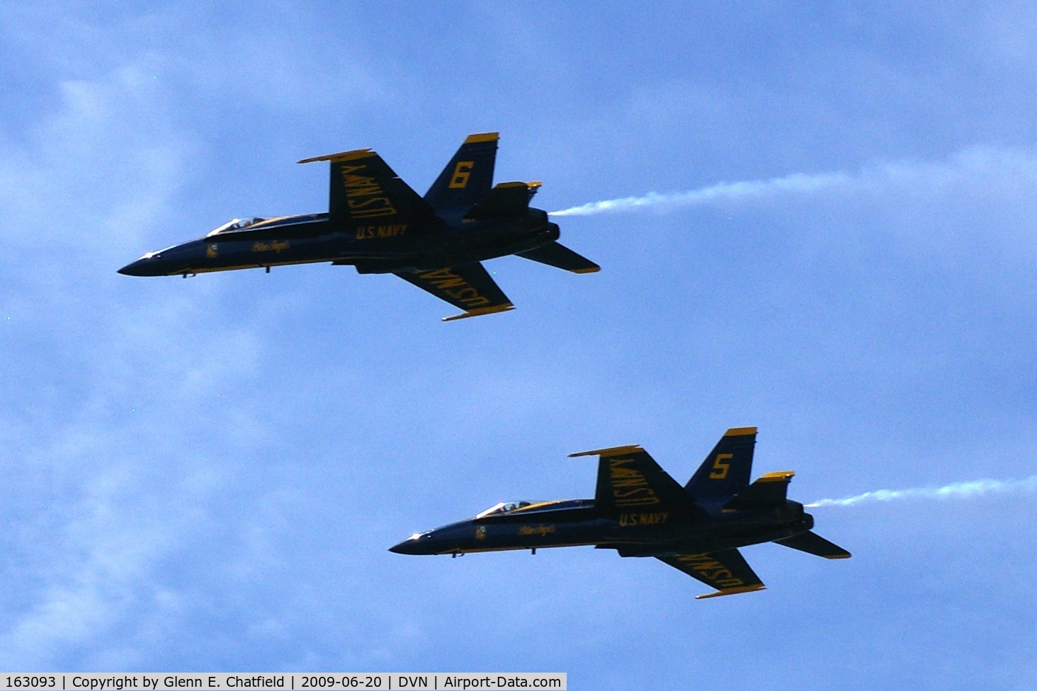 163093, McDonnell Douglas F/A-18A Hornet C/N 0475/A391, Blue Angels at the Quad Cities Air Show, and I'm shooting into the sun. Lower plane is 162826