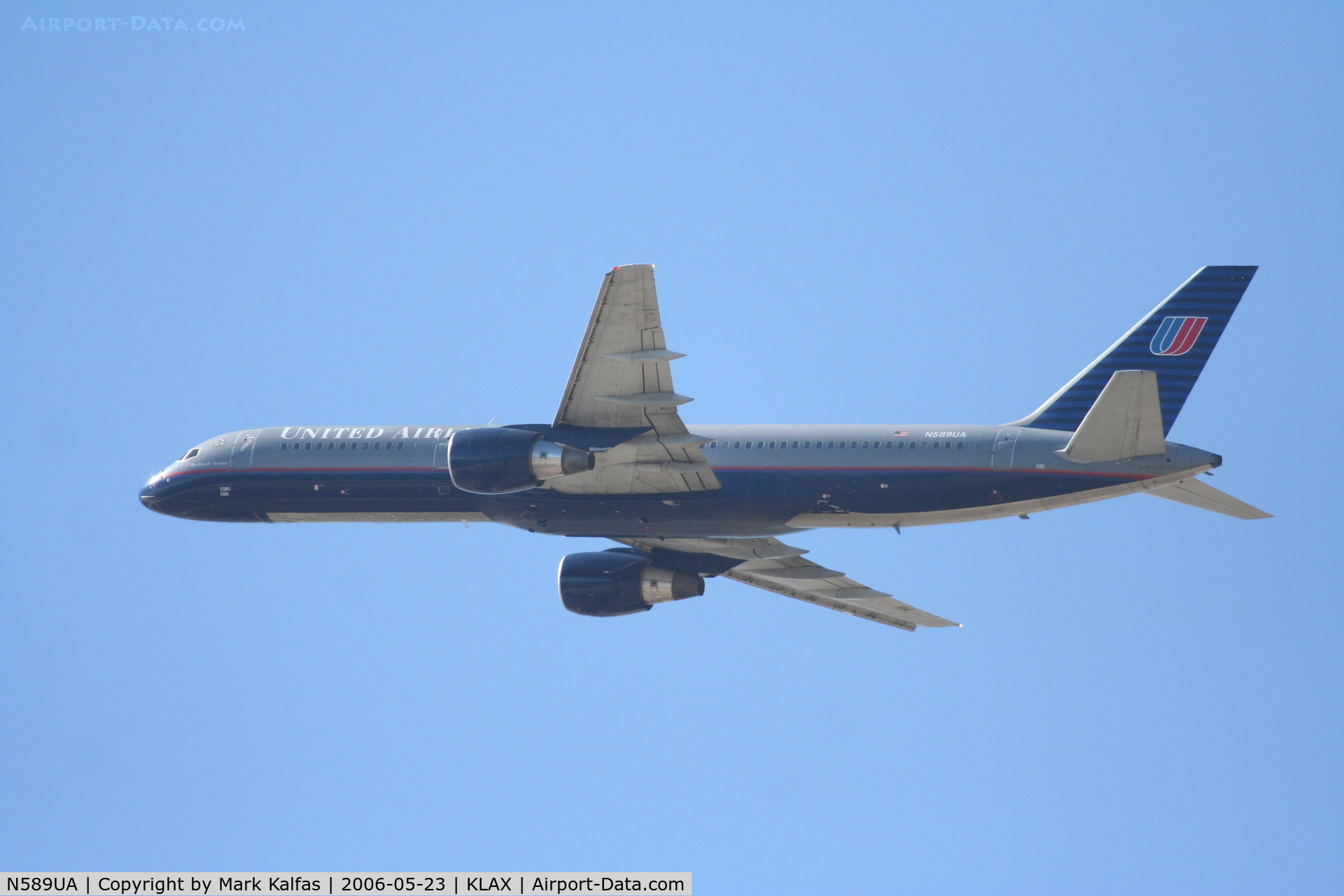 N589UA, 1997 Boeing 757-222 C/N 28707, United Airlines Boeing 757-222, N589UA departs KLAX RWY 25R