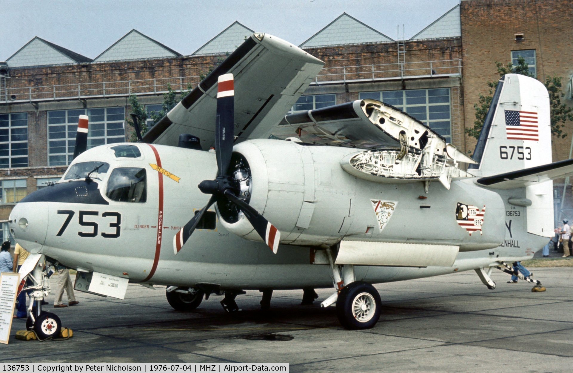 136753, Grumman C-1A Trader C/N 6, C-1A Trader of the Naval Air Facility at RAF Mildenhall at the 1976 Air Fete, complete with Bi-Centennial markings on the engine nacelle.