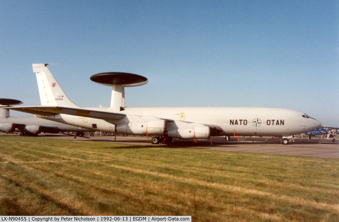 LX-N90455, 1984 Boeing E-3A Sentry C/N 22850, E-3A Sentry, callsign Embassy 09, of the NATO Airborne Early Warning Force at the 1992 Intnl Air Tattoo at Boscombe Down.
