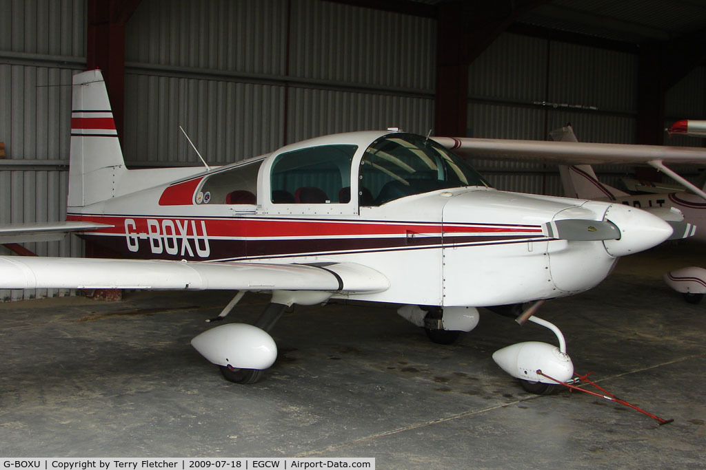 G-BOXU, 1975 Grumman American AA-5B Tiger C/N AA5B-0026, Grumman AA-5B hangared on 2009 Welshpool Air Day