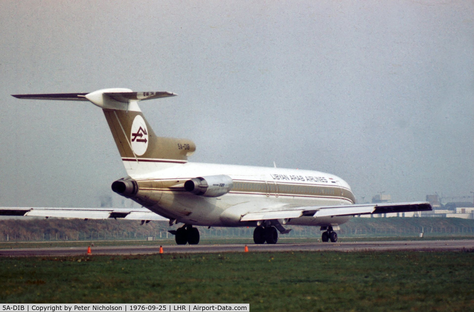 5A-DIB, 1975 Boeing 727-2L5 C/N 21051, Boeing 727 of Libyan Arab Airlines preparing to depart London Heathrow in the Summer of 1976.