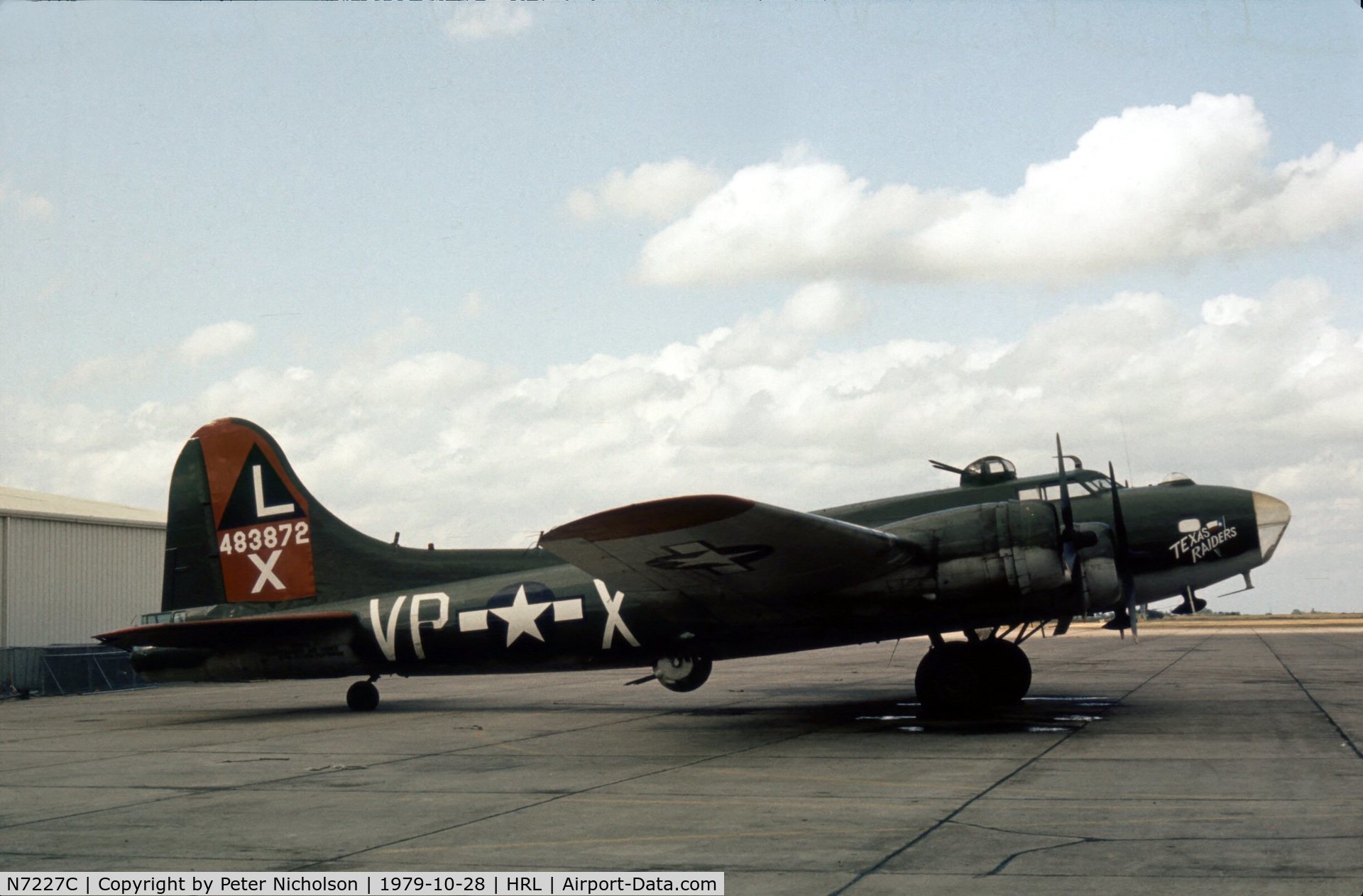 N7227C, 1944 Boeing B-17G Fortress C/N 32513, Texas Raiders of the Confederate Air Force seen at their Harlingen base in October 1979.