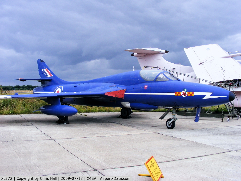 XL572, Hawker Hunter T.7 C/N HABL-003311, Hunter T.7. XL572 first entered service at 229 Operational Conversion Unit at Chivenor in 1958.It came to Elvington in 1994 and has been painted in blue livery to represent XL571 the leading aircraft in the Blue Diamonds formation team.
