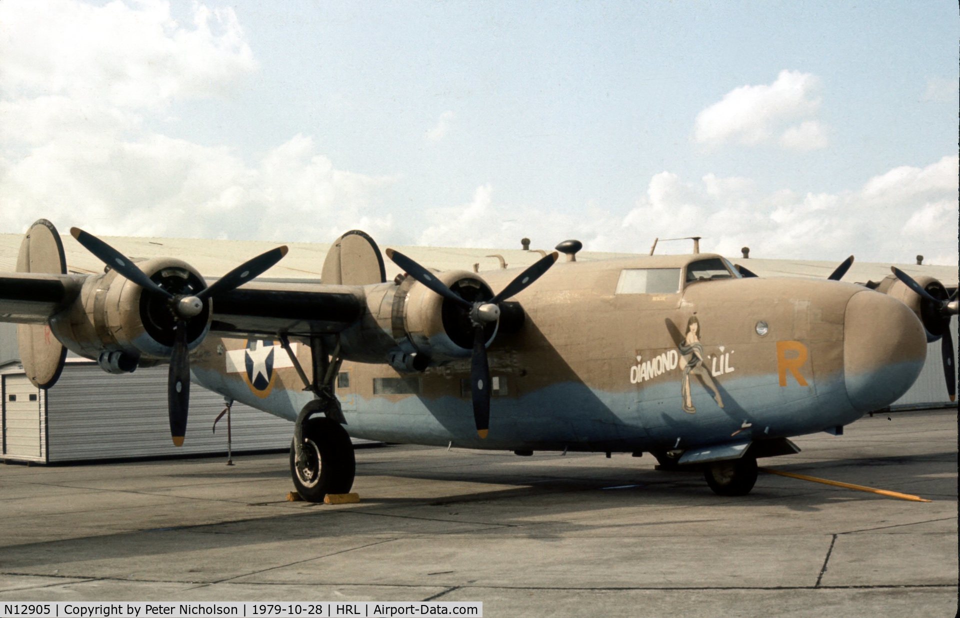 N12905, 1940 Consolidated Vultee RLB30 (B-24) C/N 18, The Confederate Air Force's Diamond Lil was seen at their Harlingen base in October 1979.