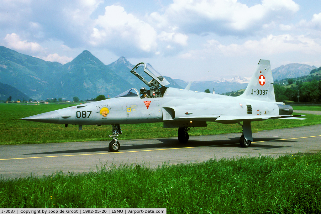 J-3087, Northrop F-5E Tiger II C/N L.1087, Since 1994 J-3087 flies with the Patrouille Suisse. In the years before it was just camouflaged like the other Tigers. Anyone on the badge it has on the nose?