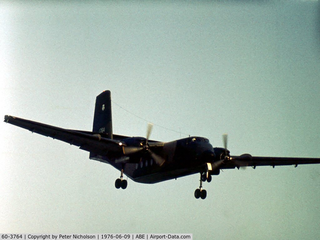 60-3764, 1961 De Havilland Canada DHC-4A Caribou C/N 15, C-7A Caribou of 150 TAS New Jersey ANG on finals at Allentown in the Summer of 1976.